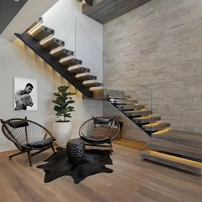 custom.American Style Black Mono Stringer Floating Open White Oak Lighting Tread Stairs with Railing High End