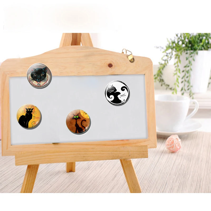 Feline Lovers 30MM Fridge Magnet Black Cat with Broom Witch Quote Glass Cabochon Magnetic Refrigerator Sticker Note Holder Decor