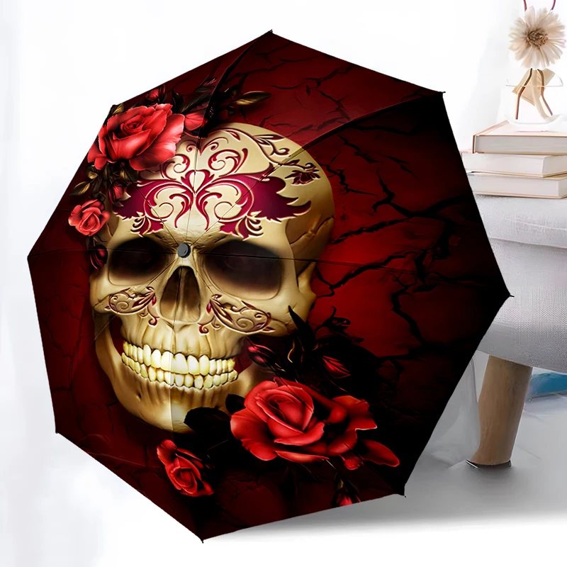 

Роскошный складной зонт с черепом и розами ужасов, дизайн с автоматическим открытием, 8, железные ребра, пластиковая ручка, складной солнцезащитный козырек, идеальные рождественские подарки