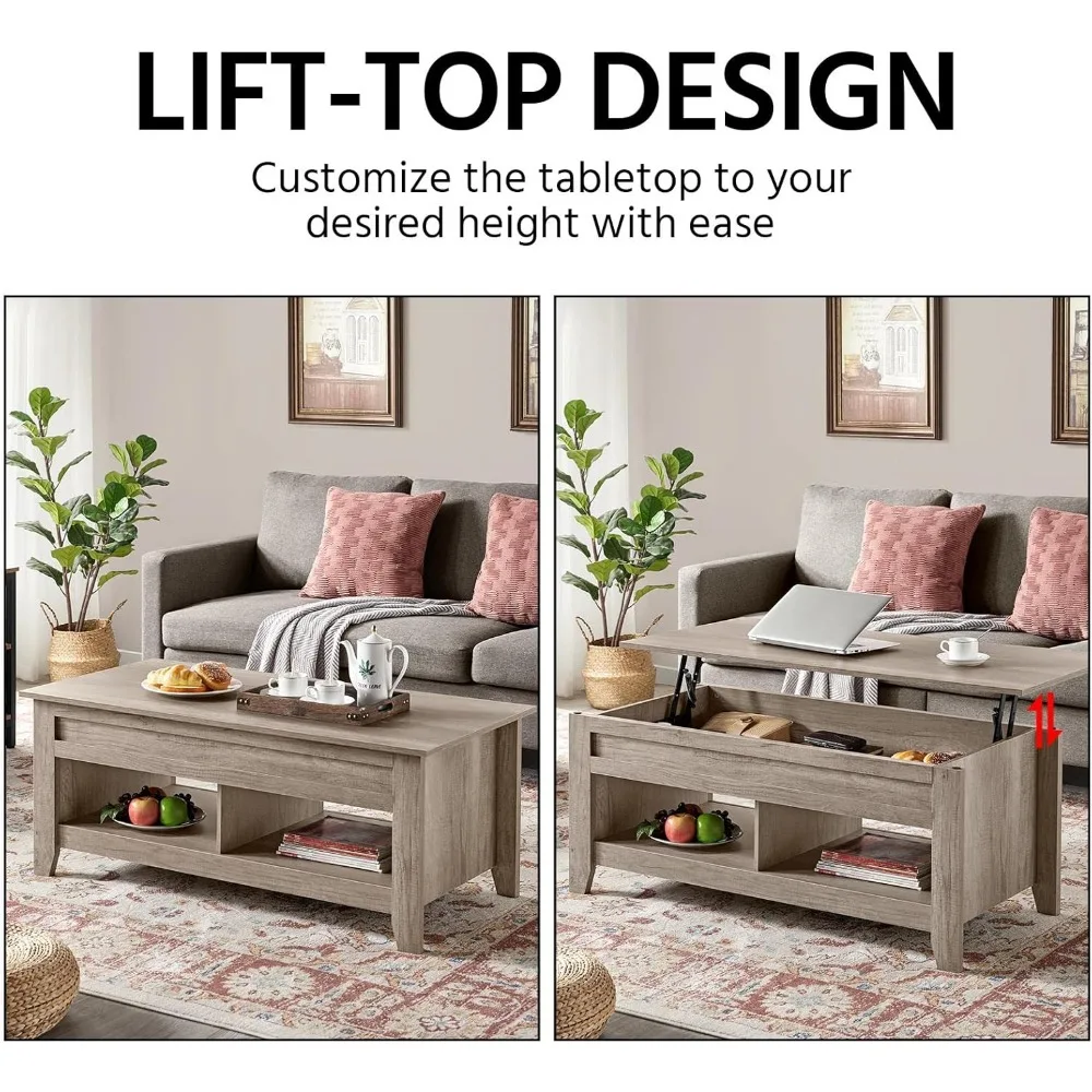 Gray Coffee Table, Lift Top Coffee Table w/Hidden Storage Compartment & 2 Open Shelves, Pop Up Center Table for Living Room, 47