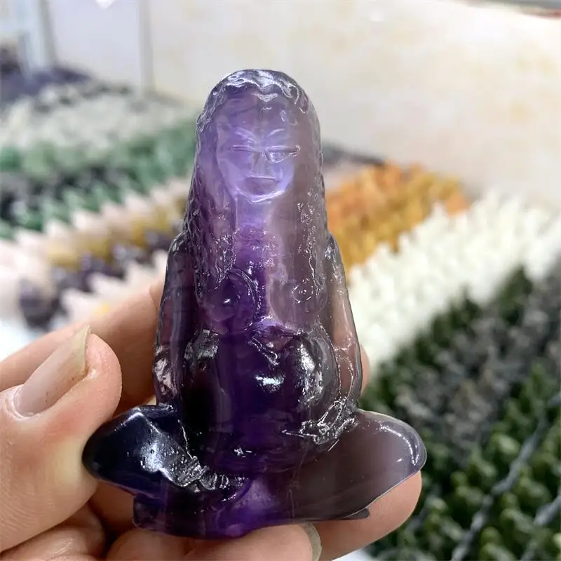 Purple Fluorite Hand Carved Mother Earth Gaia Goddess Figurine, Healing Crystal Meditation Decor, Energy Stone Desktop Ornament