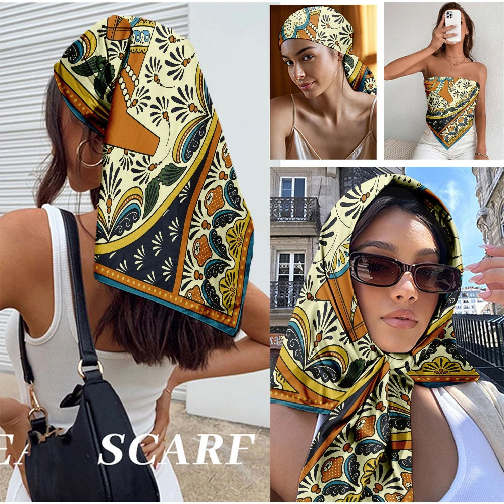 Vintage Print Satin Scarf 90cm Women's Silk Feel Square Neck Scarf, Lightweight Headscarf for Summer Beach Office Daily Travel
