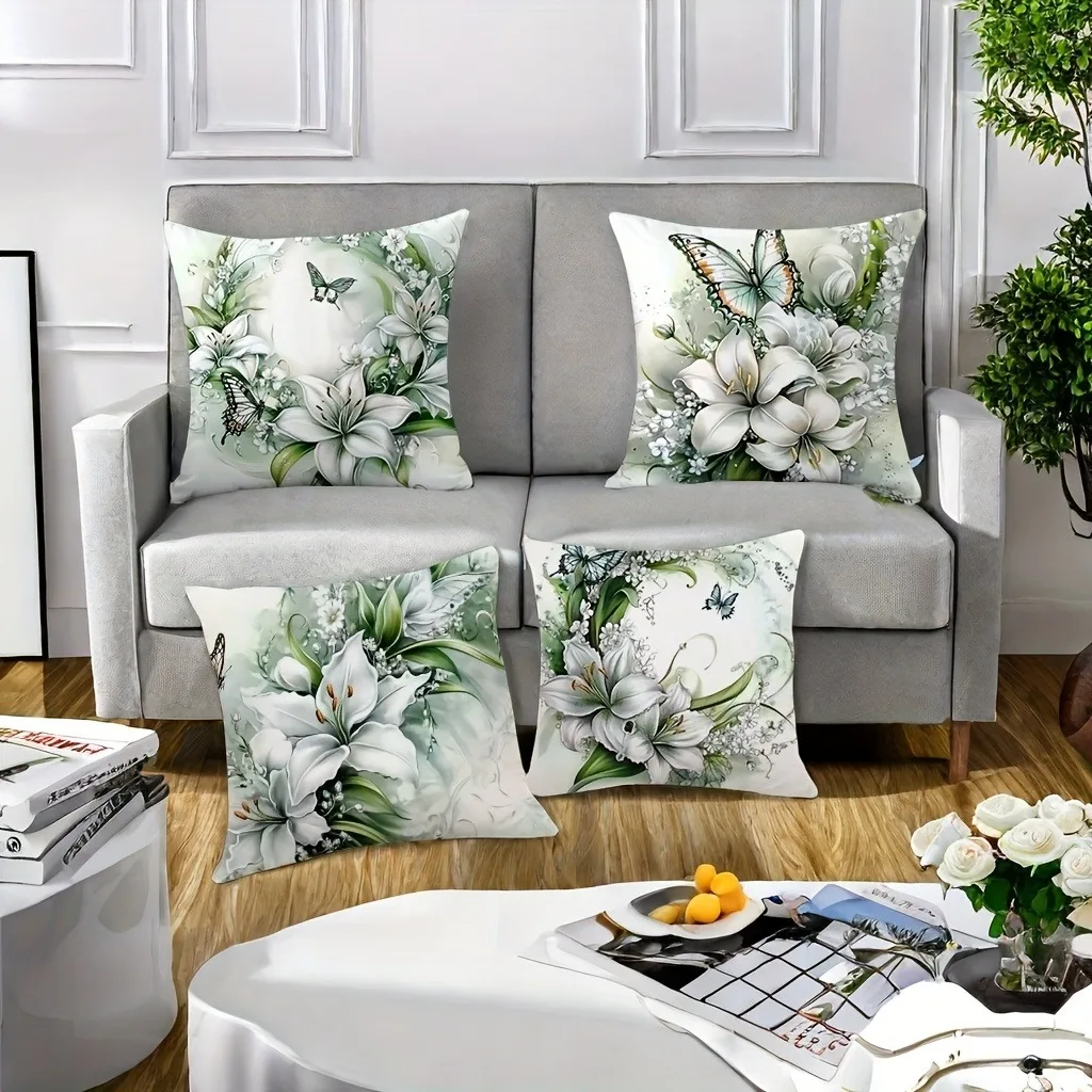 

White Lily & Butterfly Pillowcase: Soft Watercolor Floral Pattern Cushion Cover for Serene Home Sofa Decor