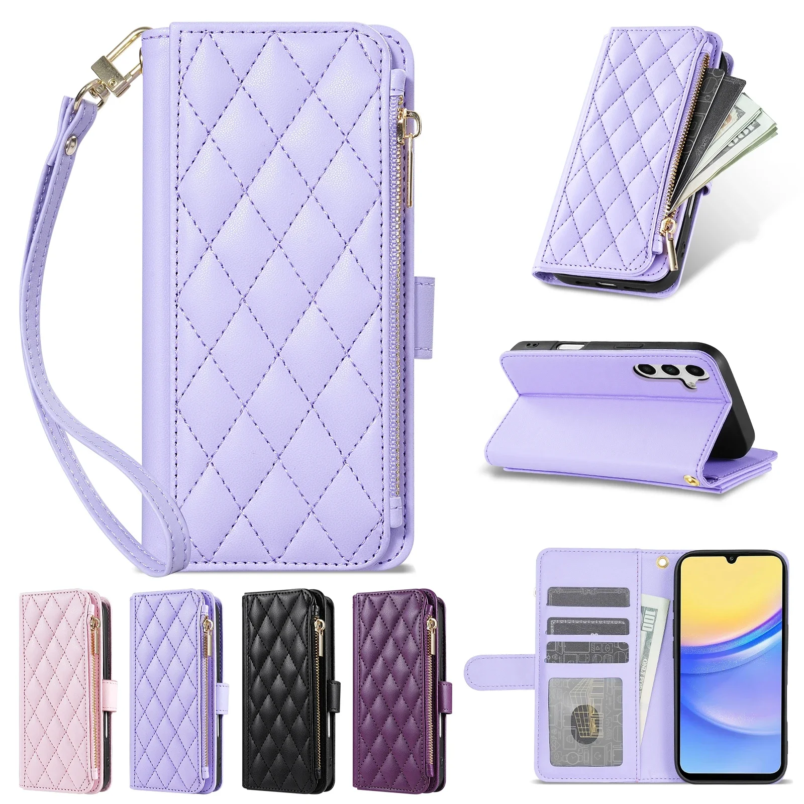 Brieftaschen-Lederhülle mit Reißverschluss, Kartenfächern, Ständer und Magnetverschluss für Samsung Galaxy S26 Ultra S25 Plus S24 FE S23 S22 – Detail 2