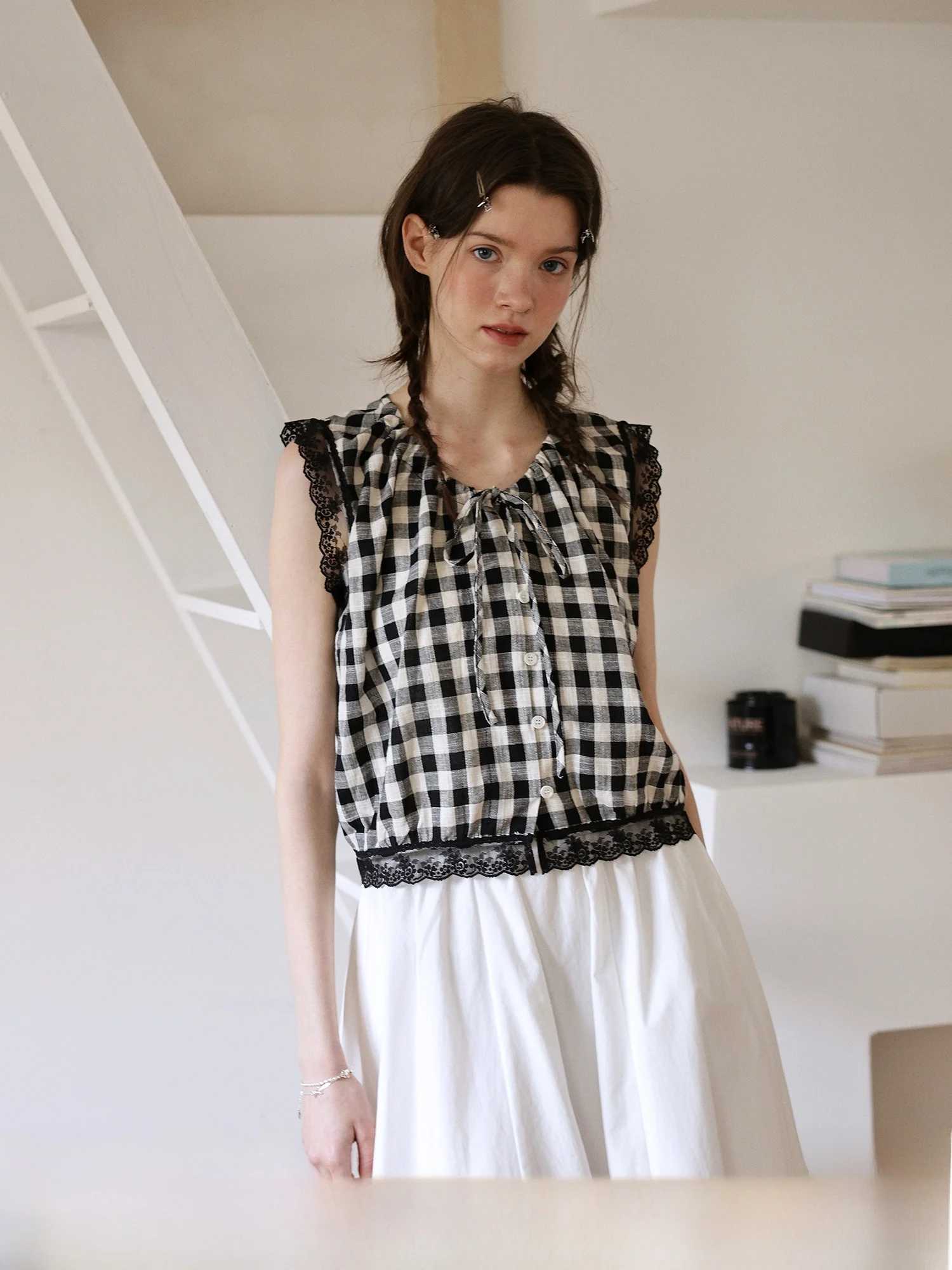 

Enroute Vintage Lace Trim Adjustable Ne Rope Plaid Svel Top Spliced Design Cotton Polyester Blend Summer irt