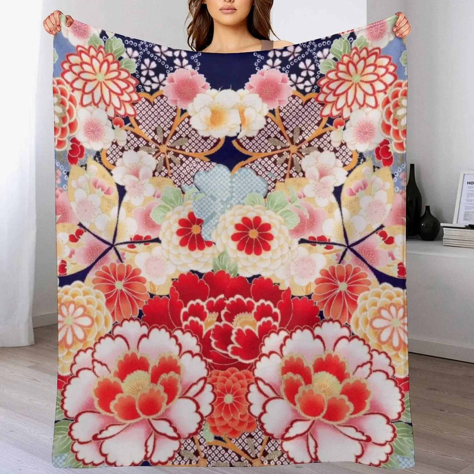 

ANTIQUE JAPANESE FLOWERS Pink White Wild Roses Kimono Style Floral Throw Blanket Stylish Decor Blanket Gift for Friends Roommate