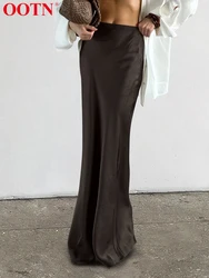 OOTN Elegant Trumpet Skirts Women Satin Brown High Waist Skirts 2024 Fashion Street Female Casual Autumn Office Lady Solid