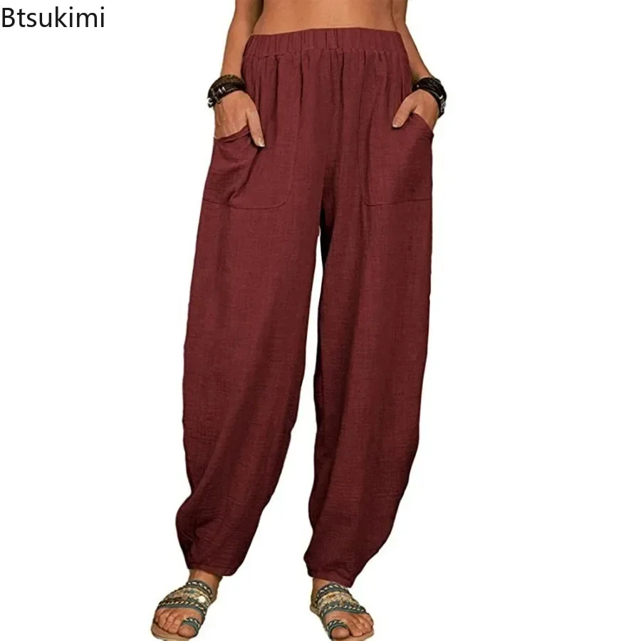 2026 Women's Casual Cotton Linen Pants Spring Summer Loose Harem Pants Trousers Vintage Pockets Elastic Wide Leg Female Trousers