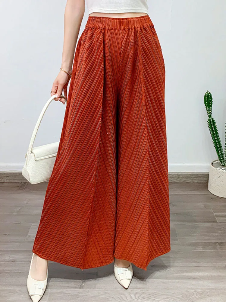 LANMREM Pleated Pants For Women Casual High Elastic Waist Straight Wide Leg Trousers Female Clothing 2024 Autumn New 2YA1628