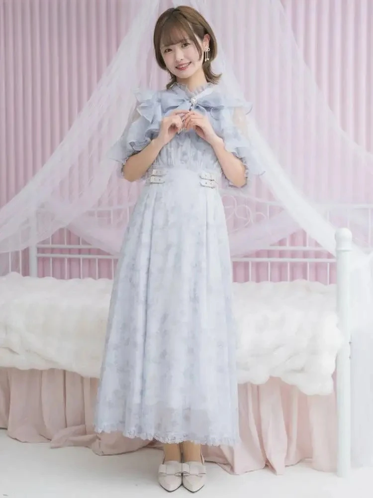 Estilo japonês véu capa dupla camada de renda lolita vestido de cintura alta verão lolita elegante arco fora do ombro vestidos longos