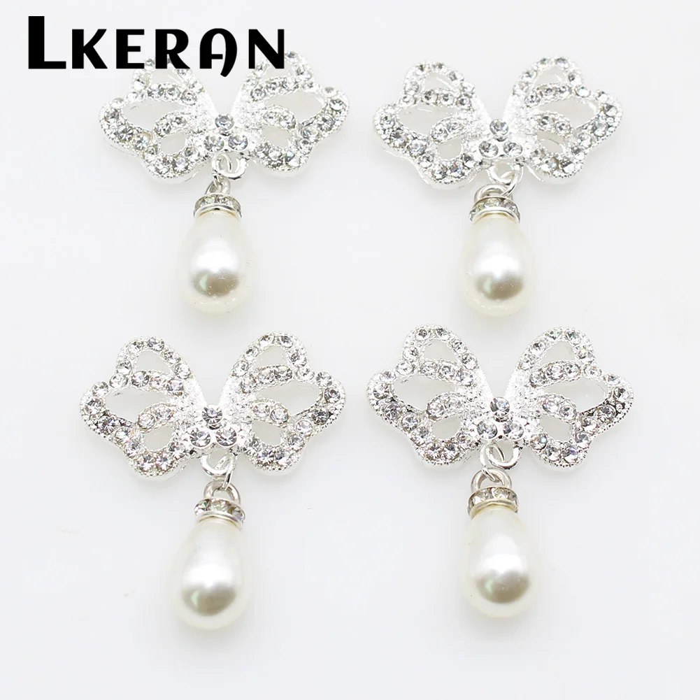 LKERAN-broche plano de plata con diamantes de imitación, botones, Centro de flores para el cabello, adorno decorativo, accesorios para manualidades DIY, 32x35mm, 10 piezas