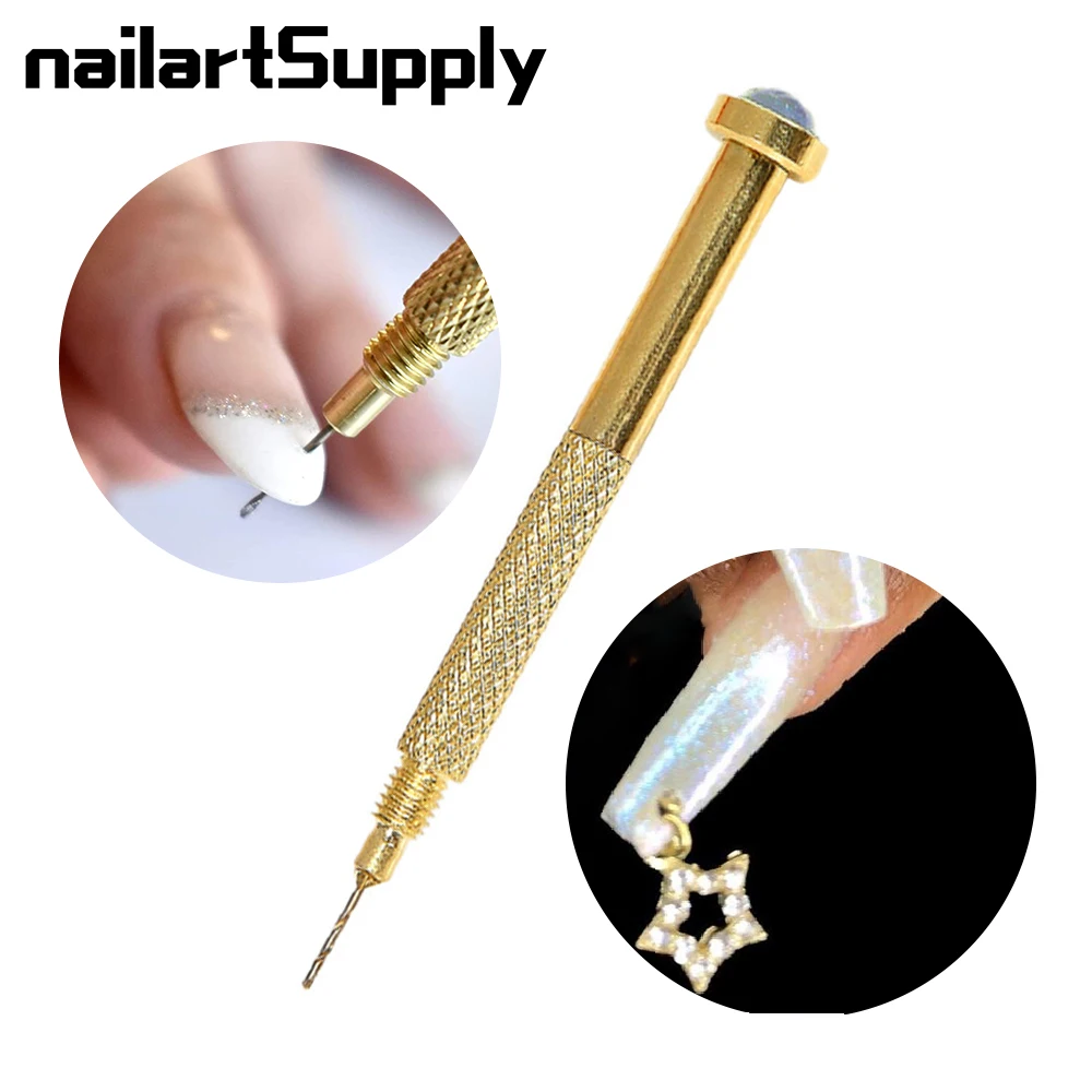 Nail Art Hand Dangle Drill Hole Maker Dotting Pen Gold  Dangle Charm Art Piercing Tool UV Gel Acrylic Tip Piercing Nail Art Tool