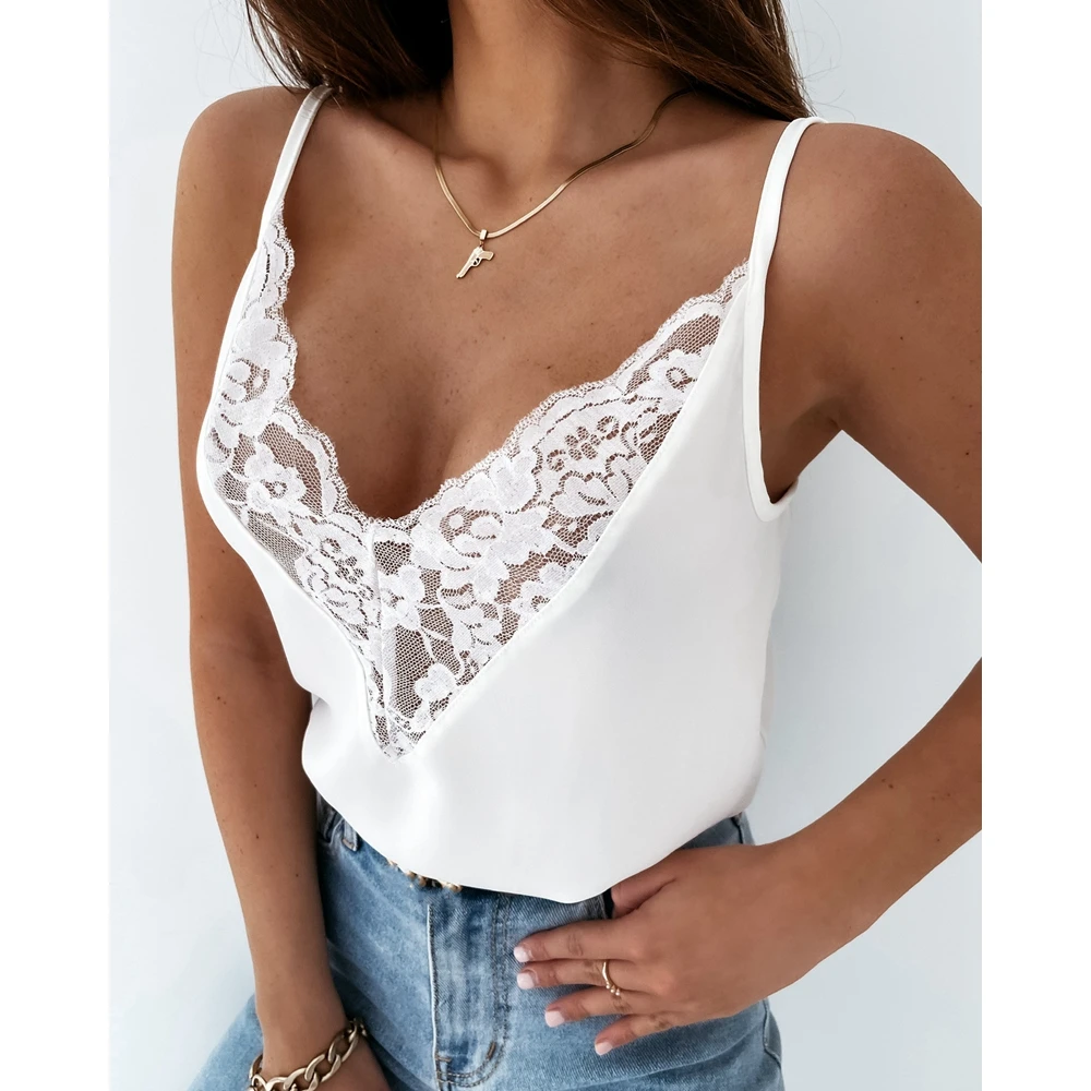 

New Style Summer Contrast Lace V Neck Tank Top Fashion Sexy Femme Casual Sleeveless Cami Top Solid Tee Shirts Streetwear