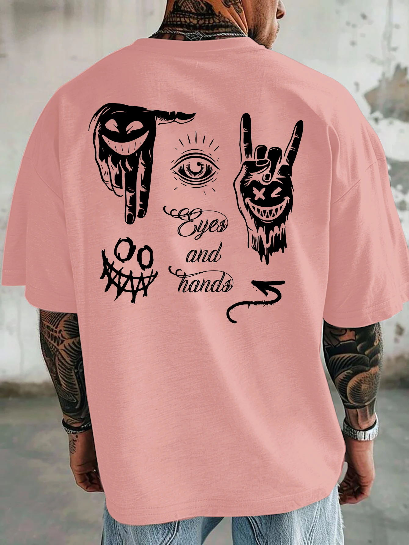 Men Oversized T-Shirt Devil Hand All Seeing Eye Back Print Tee Gothic Rock Streetwear Unisex Pink Summer Short Sleeve Top