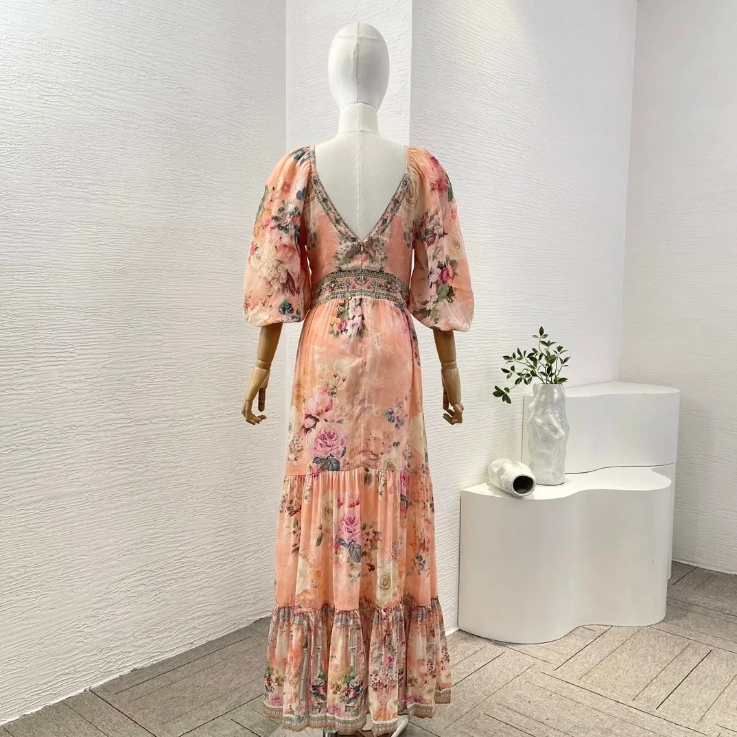 2025 Beach Style Peach Half Sleeve Floral Print V Neck Diamonds Cut Out Abdomen Backless Pleat Maxi Dress