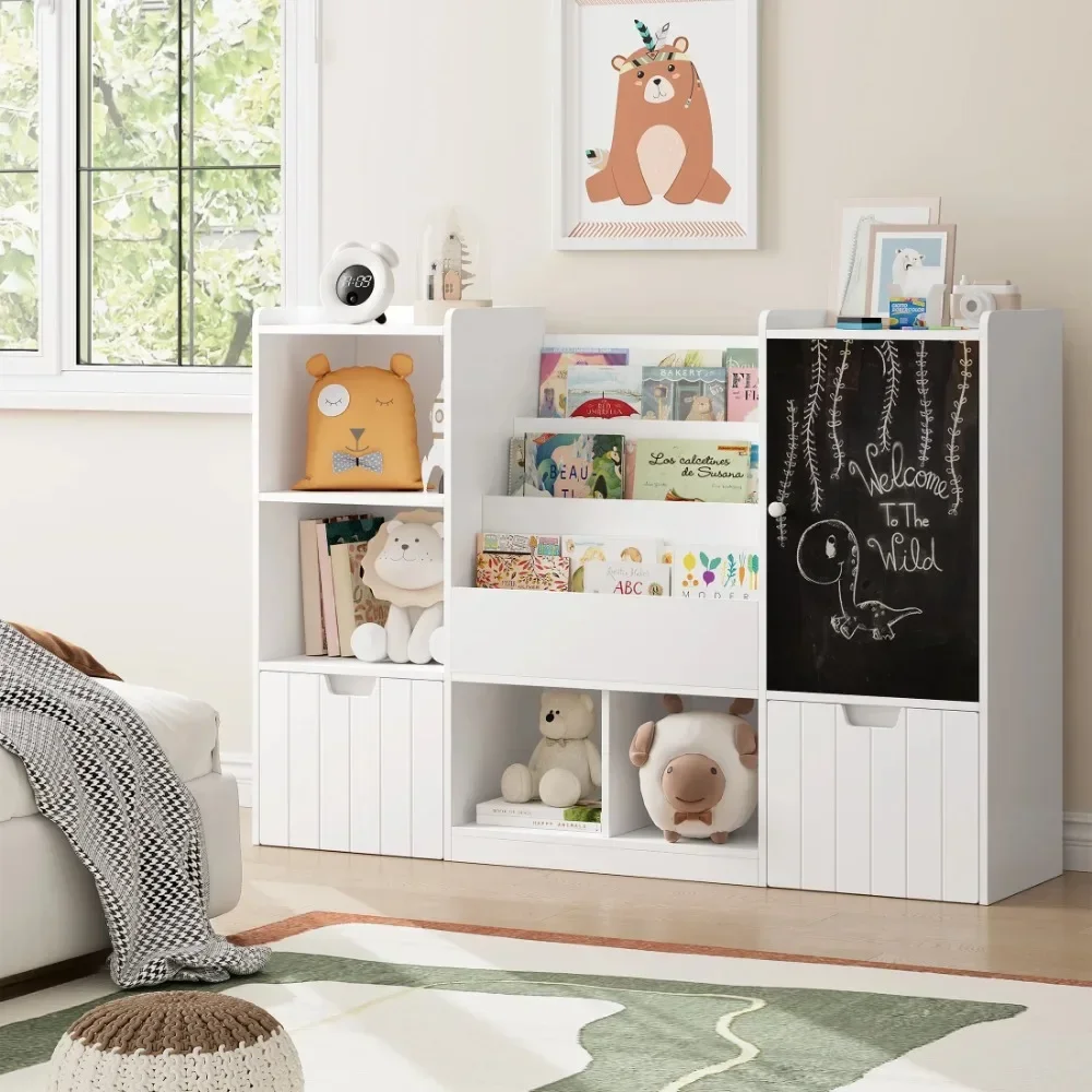 

Kids Bookcase with Chalkboard, Modern Toy Organizer with Removable Drawers for Kids Living Room, White Children Cabinets
