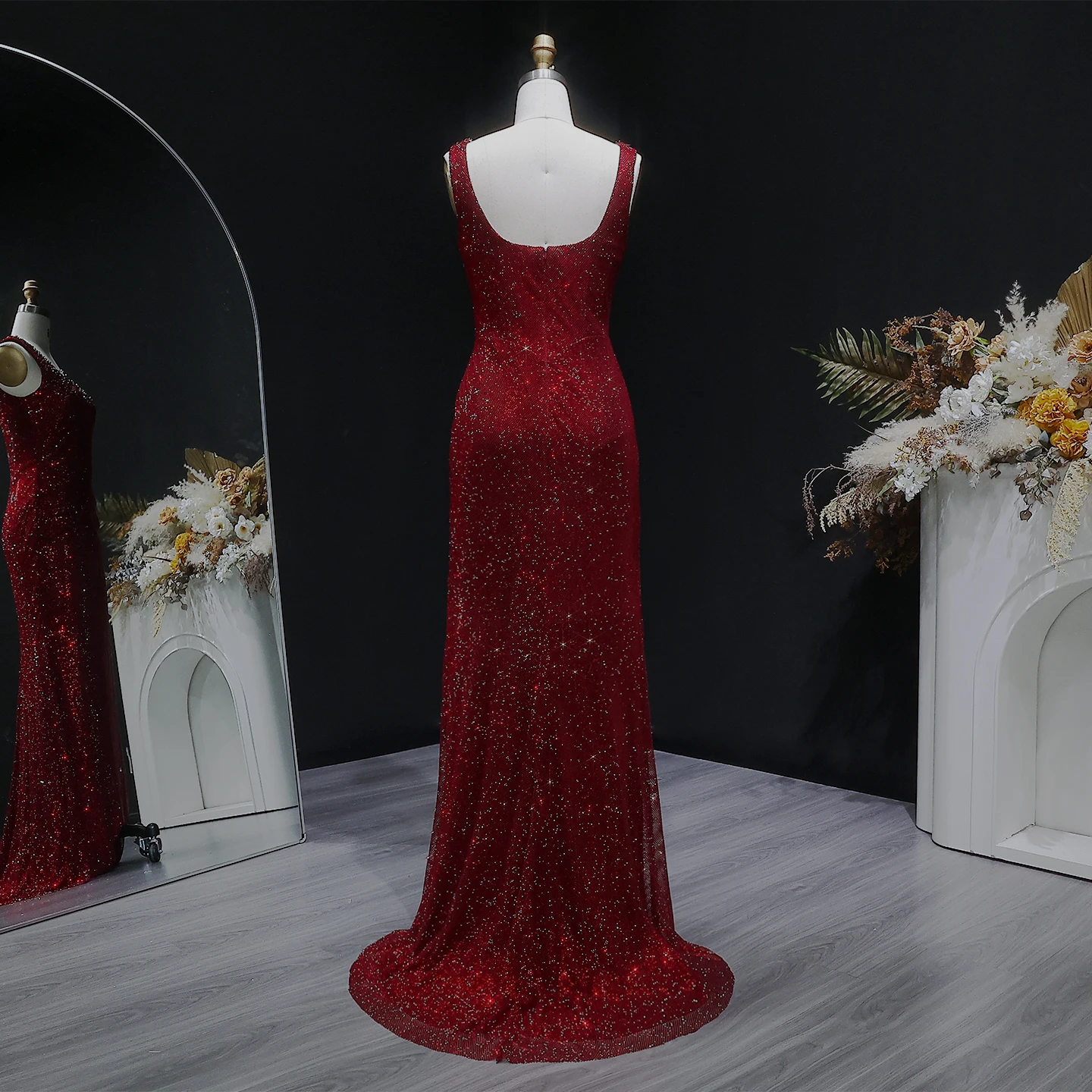 Sharon Said Arabisches Dubai Luxus Weinrotes Meerjungfrauenkleid mit Quadratischem Ausschnitt Saudi-Arabien Formelles Abendkleid für Abschlussball und Partys SS655 Maßanfertigung – Detail 7
