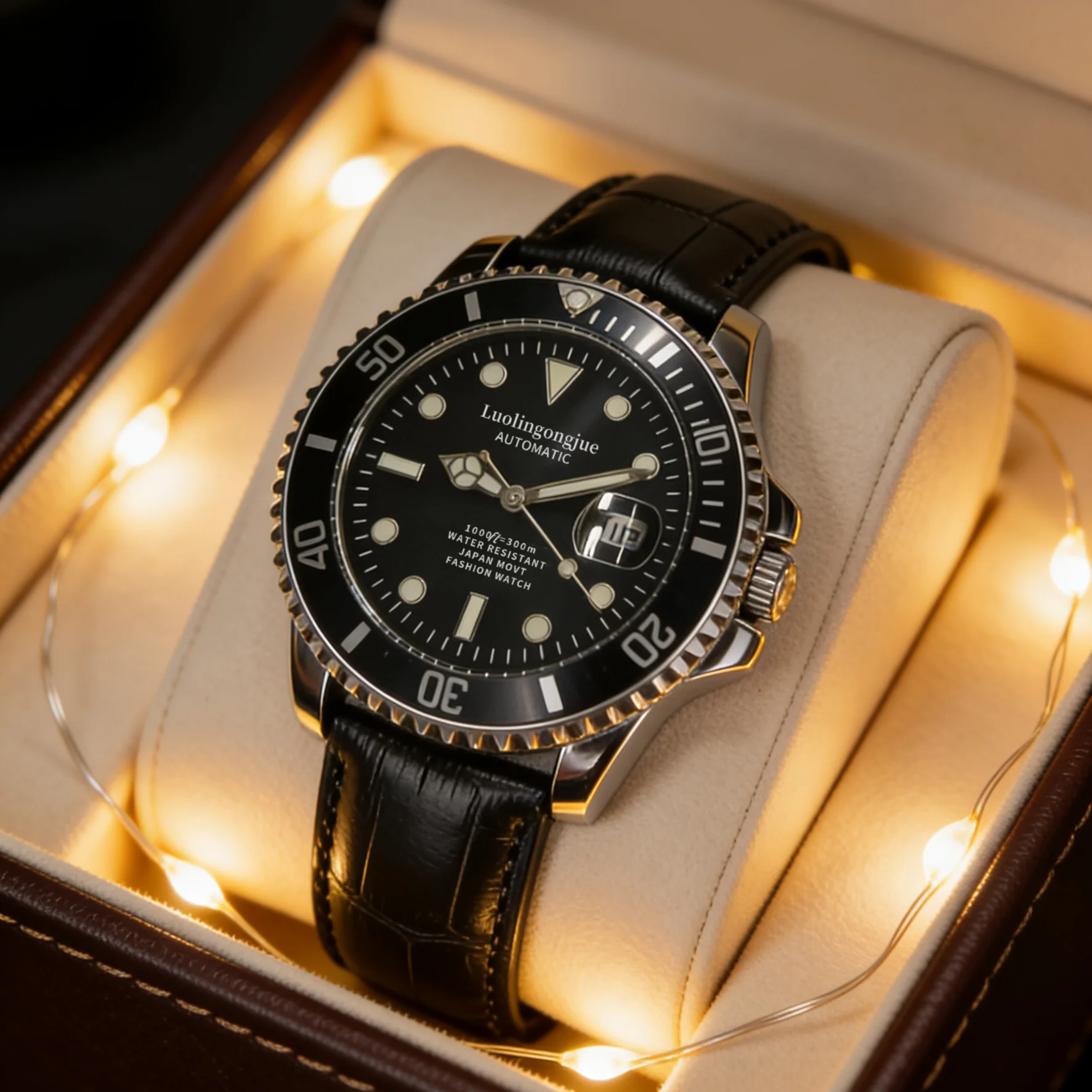 

Мужские автоматические механические часы, водонепроницаемые часы, роскошный черный кожаный ремешок, светящийся циферблат, индикатор даты, вращающийся безель, съемная задняя крышка корпуса, стильные деловые наручные часы, мужской подарок