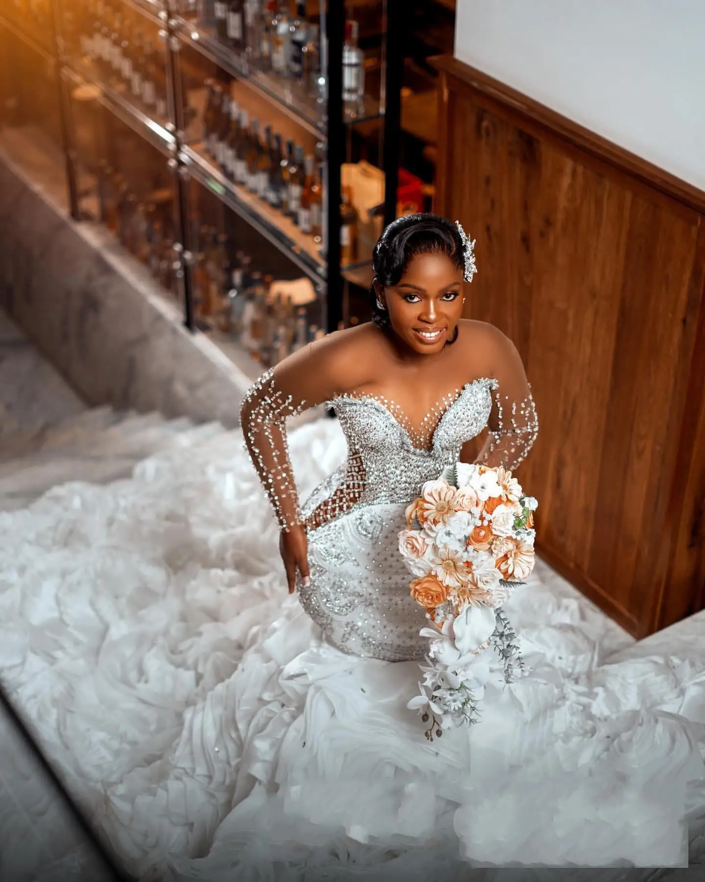 Customized Arabic Plus Size White Mermaid Wedding Dress Crystals Beaded Tiers Organza Bridal Gowns Dresses