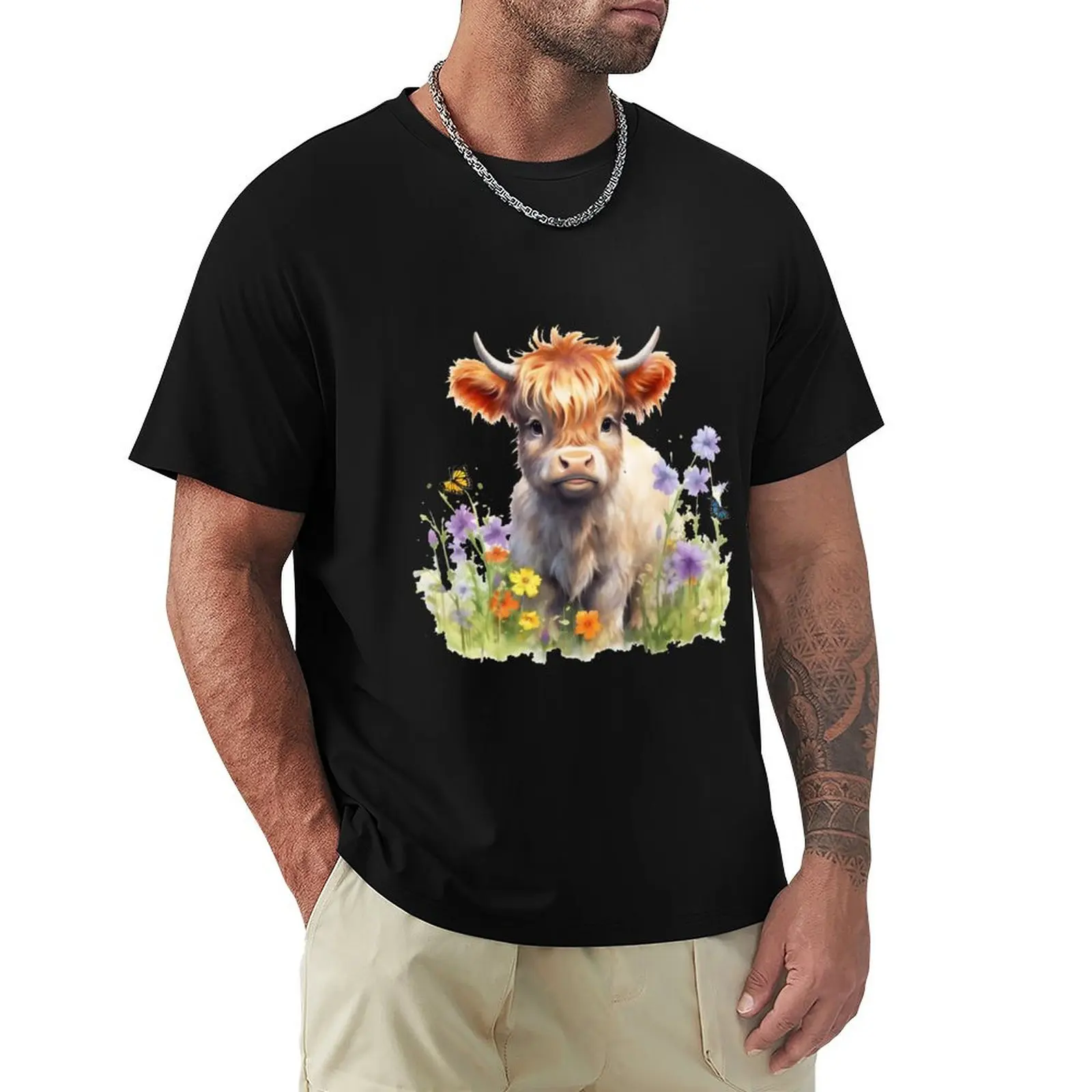 Long Haired Baby Highland Cow T-Shirt Basic Solid Color Short Sleeve Cotton Top