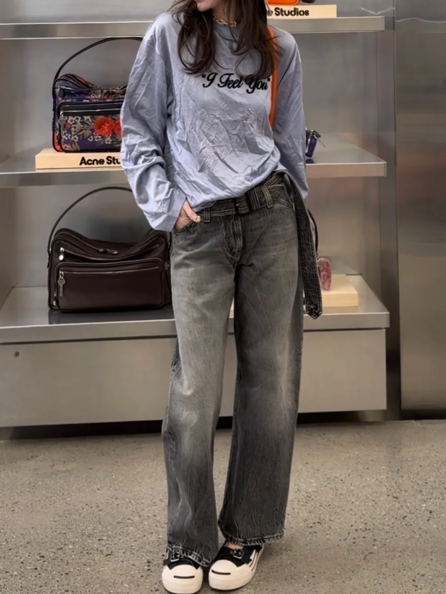 

Washed Vintage Straight Leg Jeans Belt 2026 New Style Grey Washed Natural Waist Jeans for Women Loose Fit No Stretch