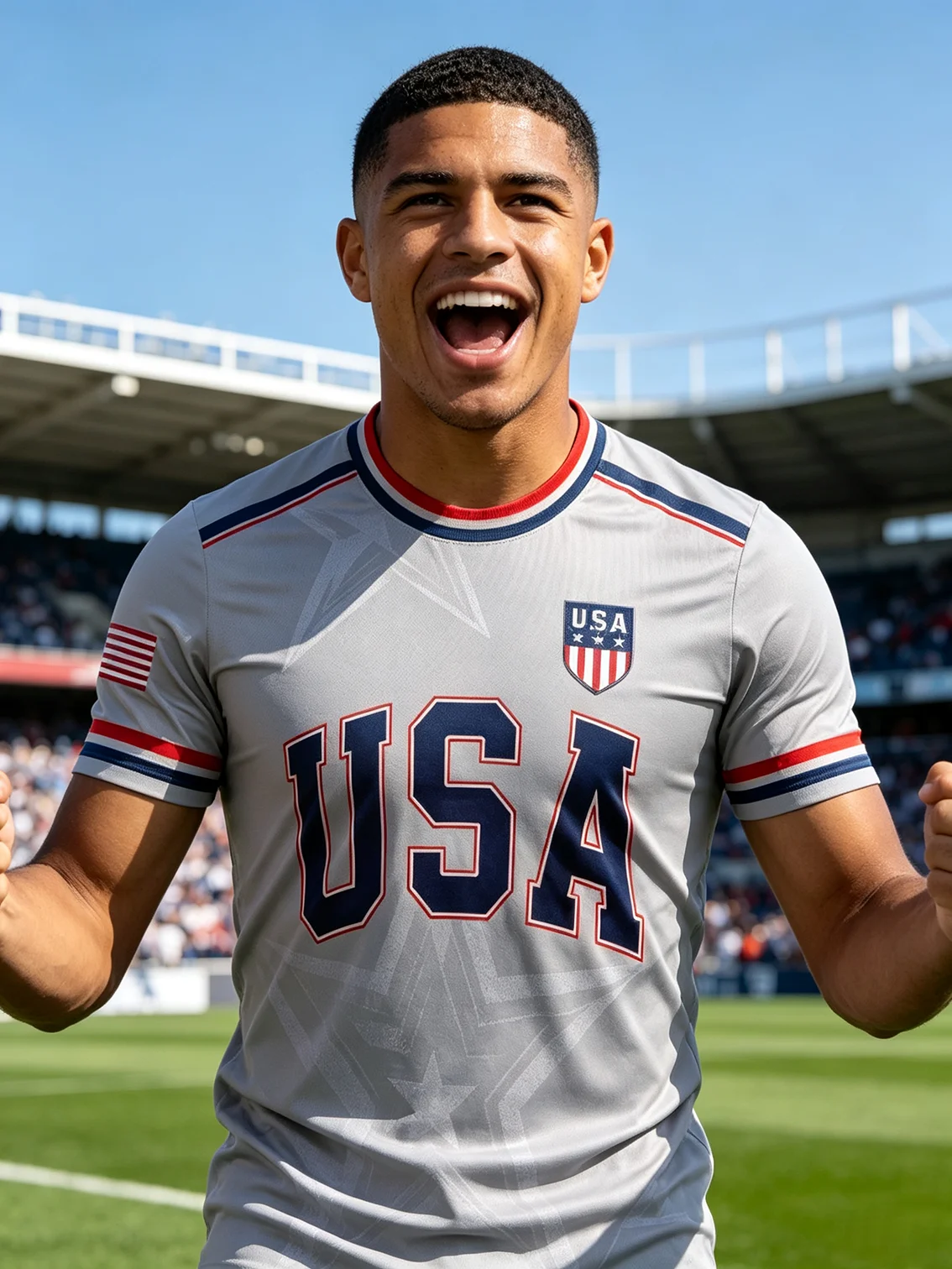USA soccer jersey, light‑gray base with Statue of Liberty back print, USA logo, quick‑dry & breathable, multiple collar styles