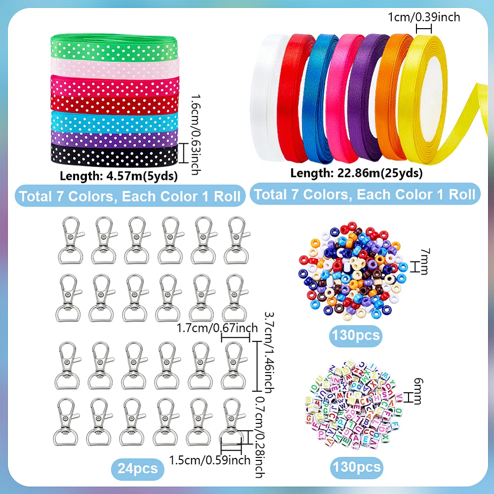24 Set DIY Key Chain Making Kits DIY Bead Ribbon Keychain Kit with Lobster Clasps Acrylic Beads 14 Color Grosgrain Ribbon