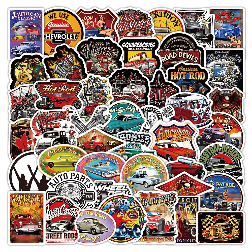 

Набор из 52 наклеек в американском ретро-стиле: автомобили и хот-роды – водонепроницаемые, вырезанные по контуру, для чехлов для телефонов, блокнотов и поделок своими руками. Papery Pop Store