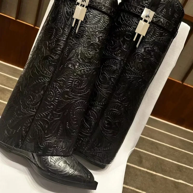 European and American Pointed Sloping Heel Embossed Leather Mid Leg Boots for Women, Fashionable Metal Buckle Sleeve Boots