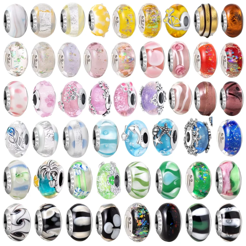 Original 925 Sterling Silver classic Murano Glass Charm Colorful Rainbow Snowflakes Stars Charm for Bracelet DIY Women Jewelry