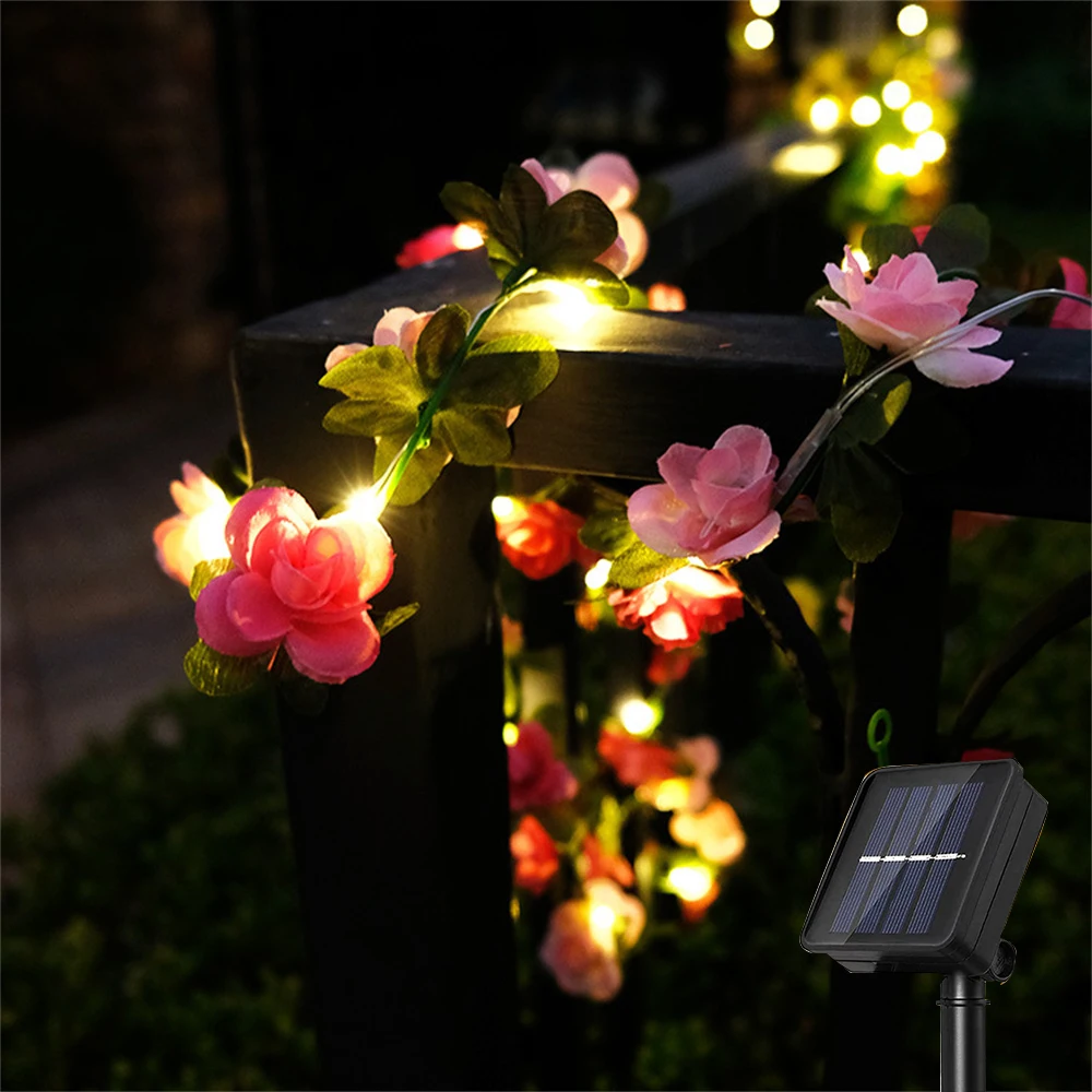 2M 5M 10M Pink Rose Flower String Lights Artificial Leaf Flower Fairy Light Outdoor Garland Decoration Lamp Garden Wedding Party