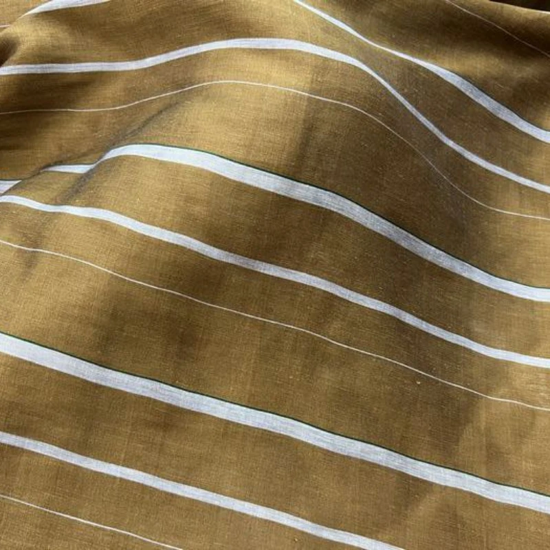 

Fabric Wide 150cmx100cm Spring and Summer Linen Blended Ginger Background White Dark Green Thick and Thin Striped Yarn-Dyed Thin