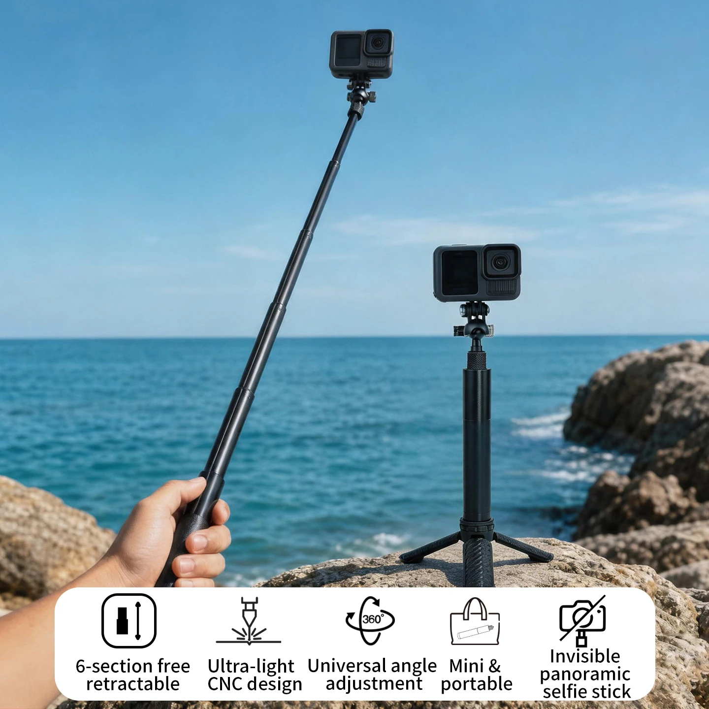 0,7m Unsichtbarer Selfie-Stick aus Aluminiumlegierung, ausziehbares Einbeinstativ für Gopro Max, DJI OSMO360 II / I, Insta360 X6 X5 X4Air Kamera