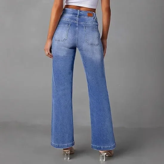 

Jeans Wide Leg Pants Women Stretch High Waist Washed Distressed Pockets Button Straight Trousers 2025 Female Streetwear Denims
