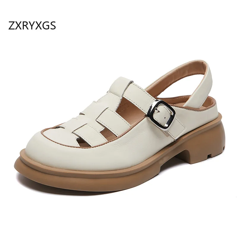 

ZXRYXGS 2024 Summer Genuine Leather Woven Hole Shoes Woman Round Toe Roman Sandals Elegant Comfort Non-slip Thick Heel Sandals