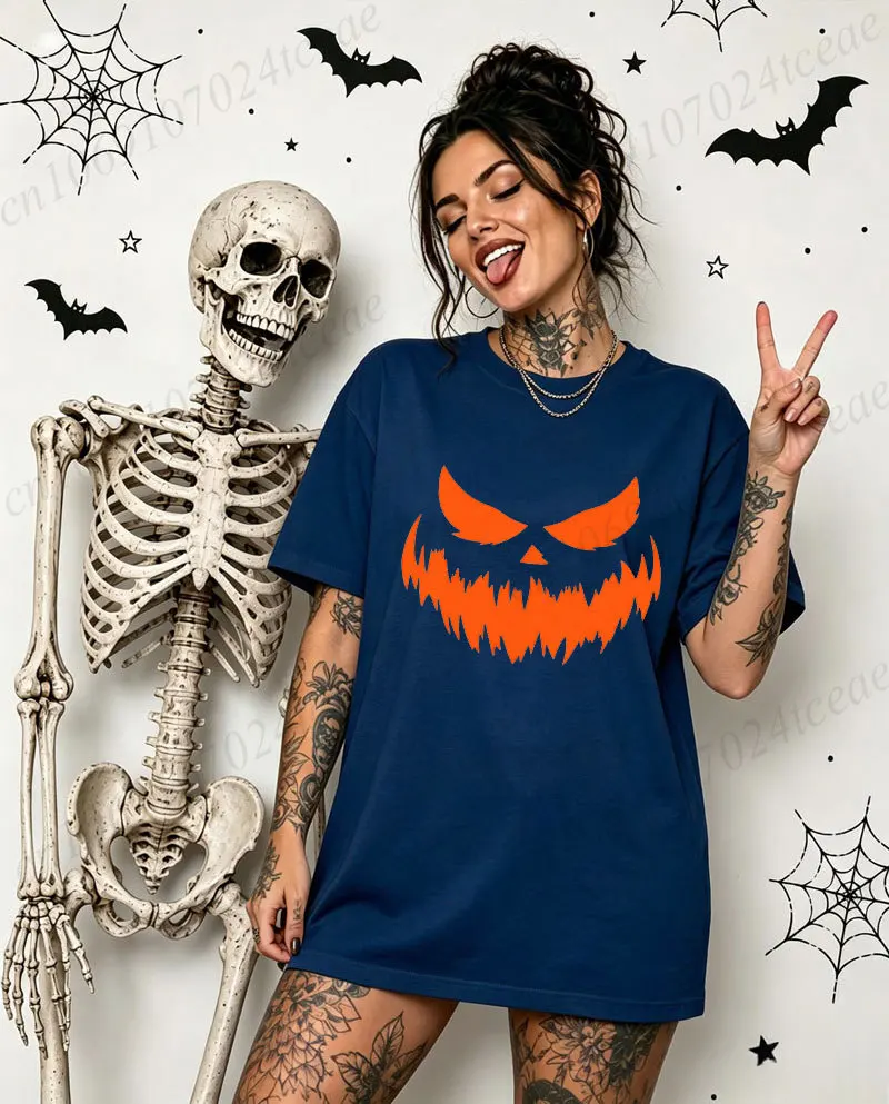 Halloween T-Shirt for Women Minimalist Scary Pumpkin Face Graphic Tee Casual Short Sleeve Tops Unisex Halloween Party Outfit