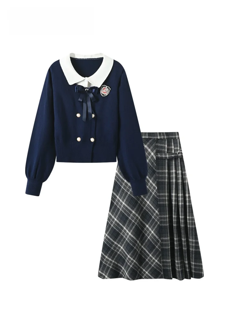 

Loose Long Sve Knitted Sweater And Skirt Set for plus Size Women Spring Faion College Sle Two-Piece Ensemble
