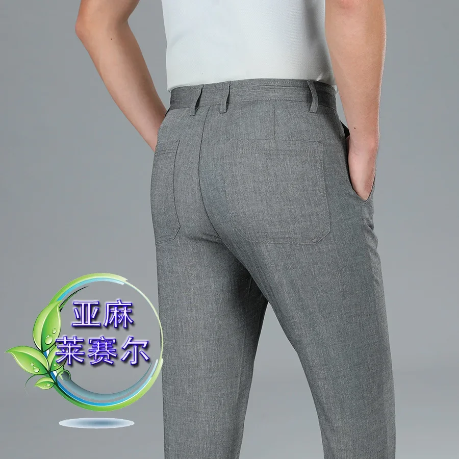 Summer Thin Soft Lyocell Breathable Linen Fabric Suit Pants Men Straight Business Elegant Long Formal Trouser Y2k Men Clothing