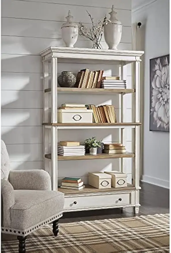 75 Bookcase with Drawer, Chipped White，a smooth-gliding dovetail drawer and 3 fixed shelves