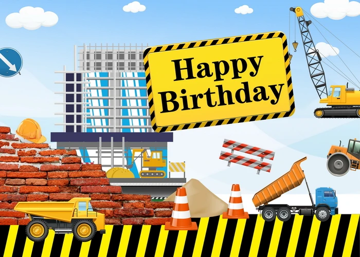 Construction Theme Backdrop Black and Yellow Strips Big Dump Truck Engineering Vehicles Photography Background for Boy Birthday