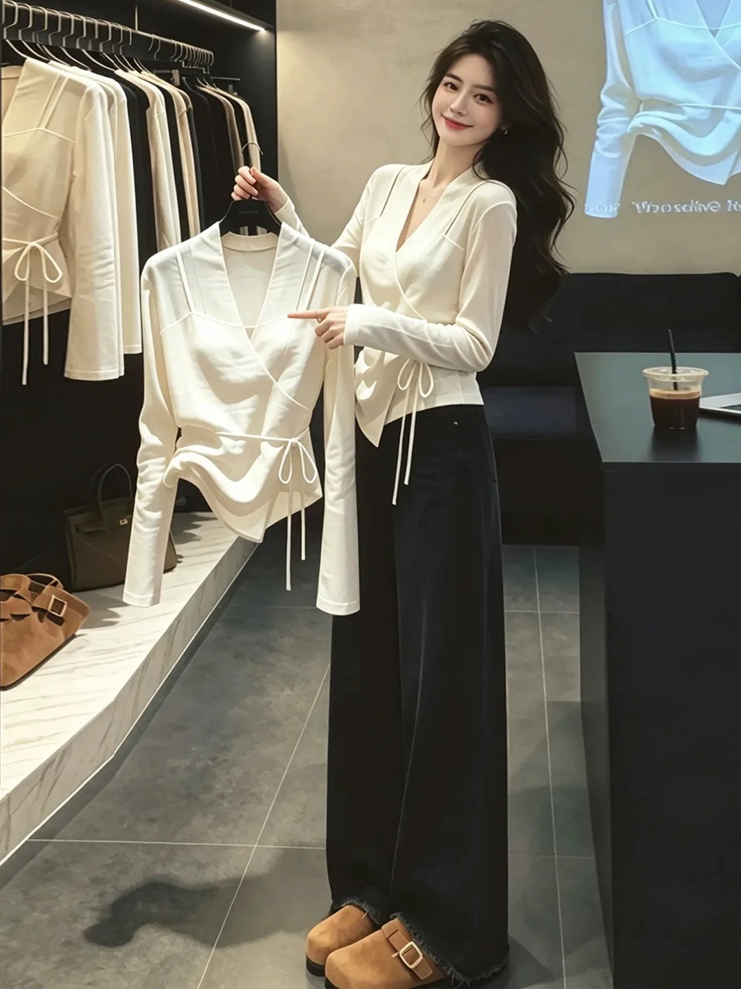 

Pink Long Sleeve Shirt Women's Summer New Style Sun Protection Thin Belted Waist Crop Top Trendy V-neck French Style Polyester