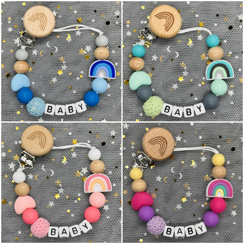 Handmade Custom Name Clips Pacifier Personalize Dummy Clips Holder Baby Silicone Rainbow Pacifier Holder Chain Baby Teether Gift