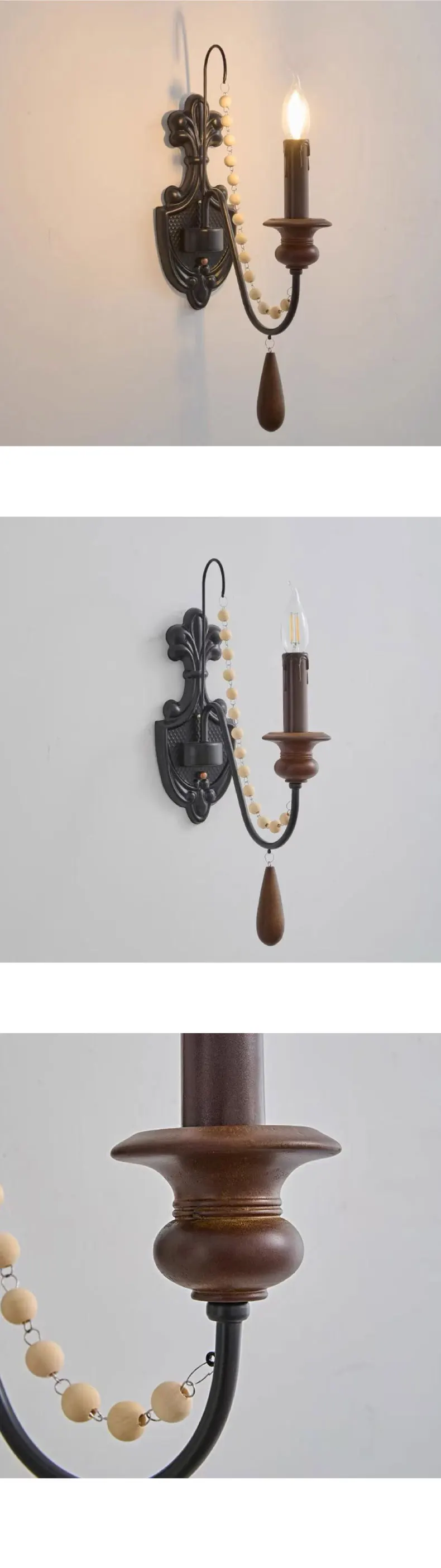 American Retro Wood Candle E27 Chandelier French