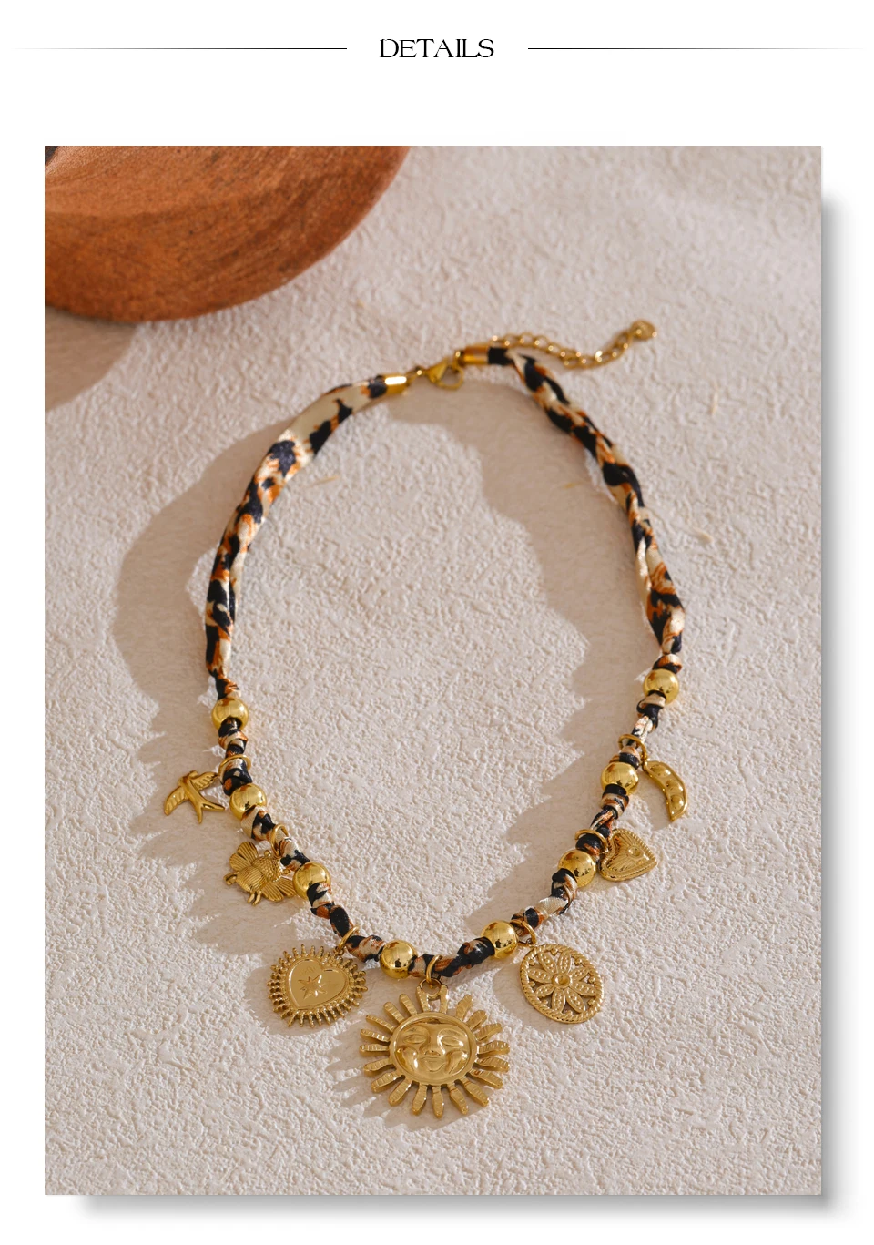 Yhpup Beliebte Edelstahl-Halskette mit Leopardenmuster, Polyester, Sonnenblume, Herz, Insekt, Tropfenkragen, 18 Karat PVD-beschichtet, Modeschmuck, Geschenk – Detail 13