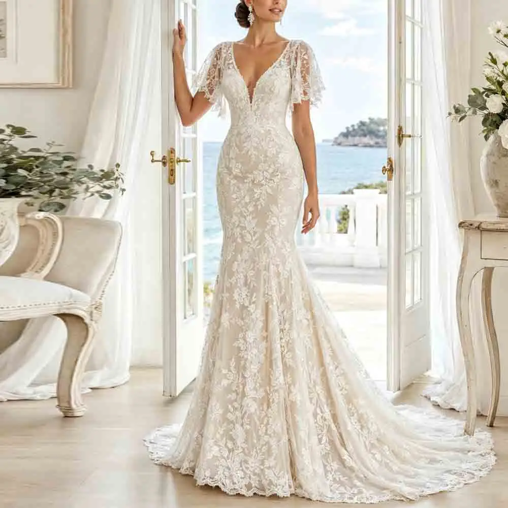 Customized Mermaid Lace Wedding Dress V Neck Flutter Short Sleeves Bridal Gown Sweep Train Fishtail vestidos de novia