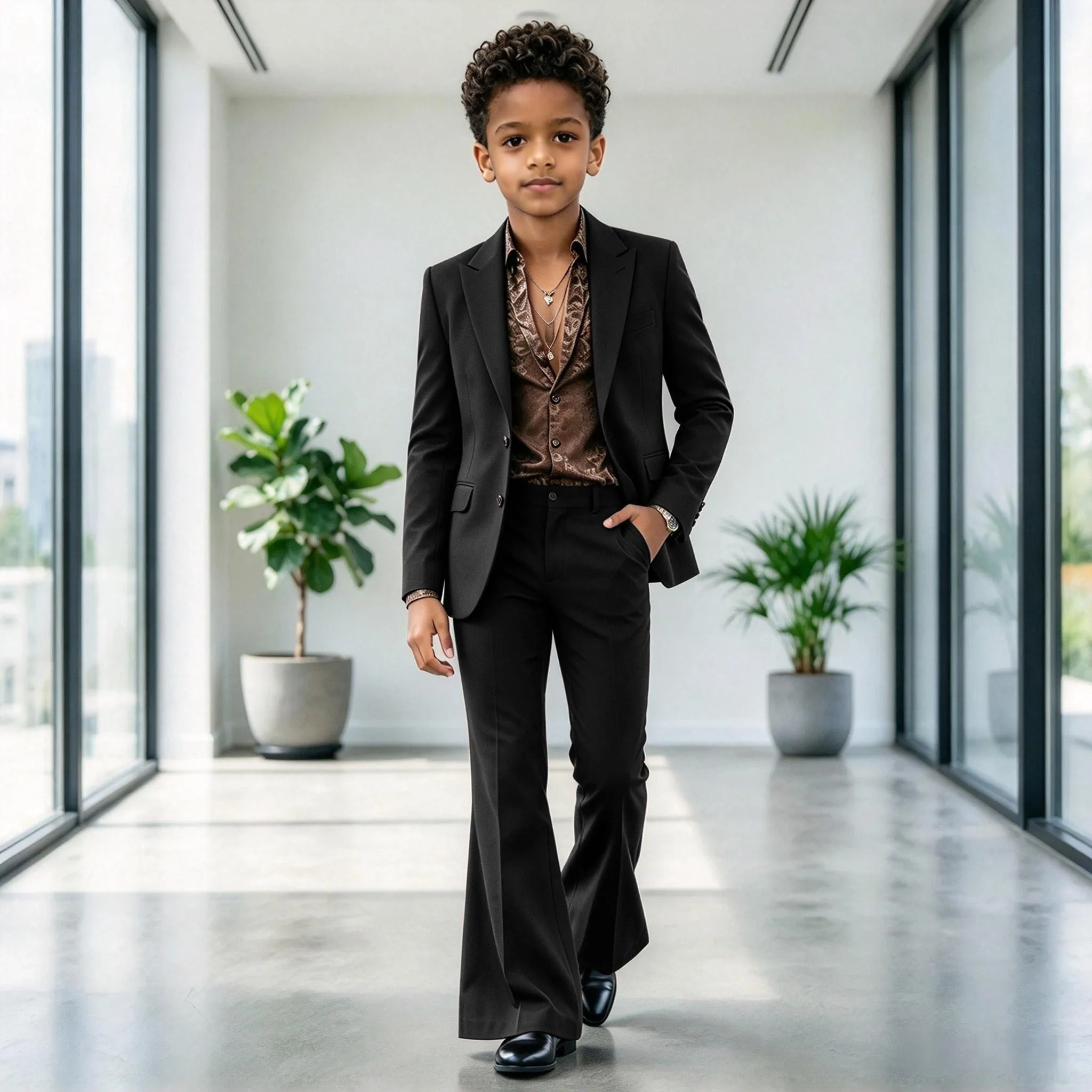Black Boys 2 Piece Suit Casual Peaked Lapel Outfit Kids Wedding Jacket Flared Pants Boy Birthday Party Children's Suit