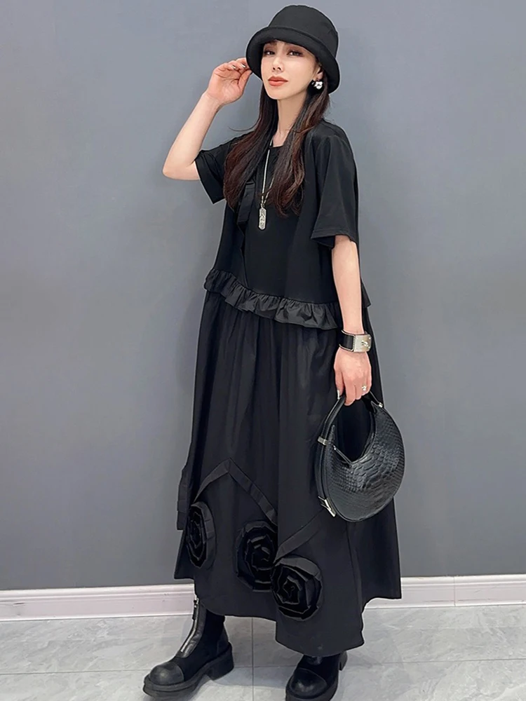 XITAO Three-dimensional Decoration Flounced Edge Dresses Solid Color O-neck Pullover Short Sleeve Dress 2024 Summer New ZY8668