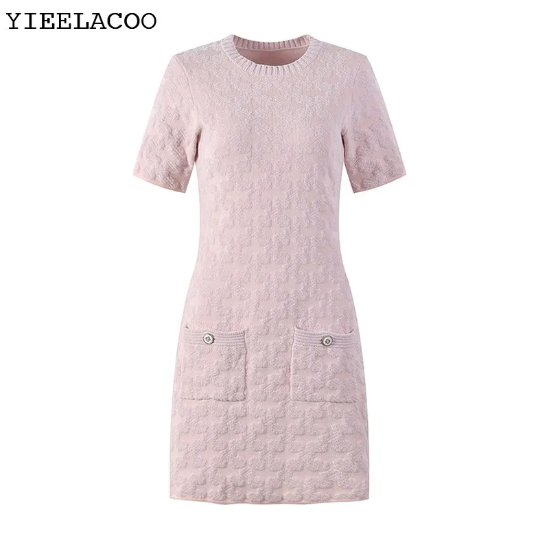 

Women's knitted dress Spring/summer new simple short-sleeved crew-neck embossment knitted mid-length one-piece dress