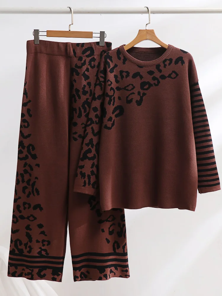 Leopard Print Jacquard Knitted Two-piece Sets Women Thick Autumn Winter Loose Sweater Top Straight Pants Suits Female Outfits