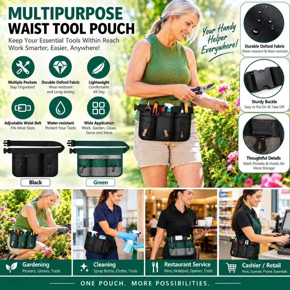 Green Black Tool Storage Bag with Belt Portable Cleaning Tool Waist Bag Storage Tool Pouch Waist Tool Bag Cleaning Work